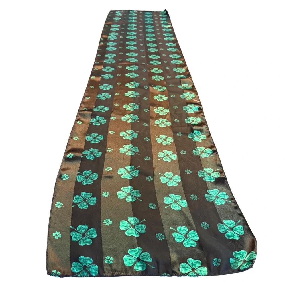 St. Patricks Day Green Shamrock Clover‎ Table Runner Black Striped Sheer Satin